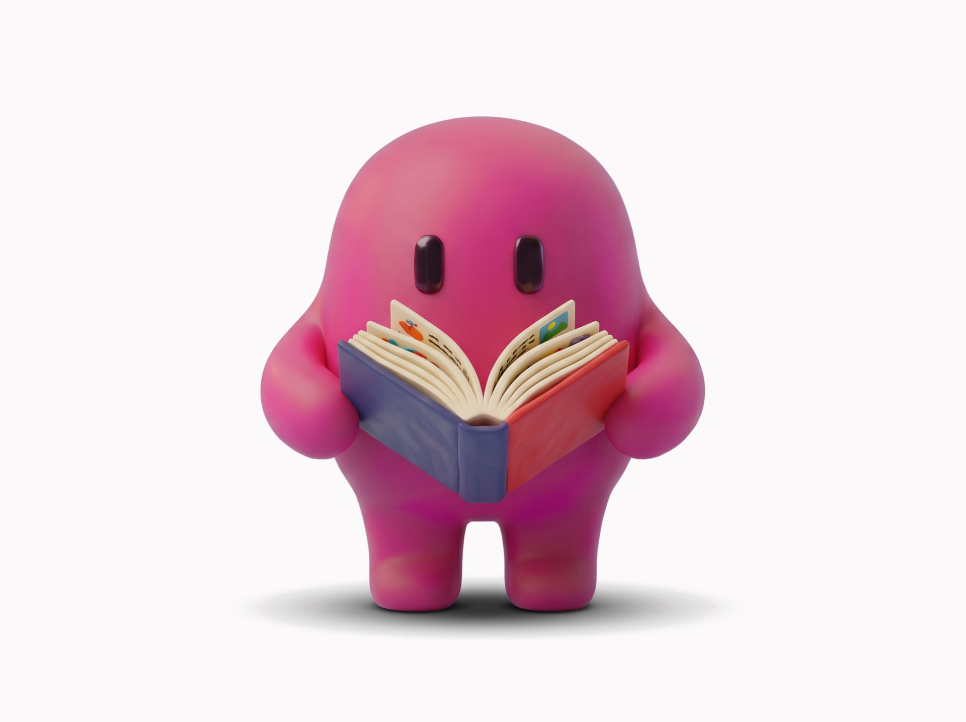 Personagem magenta segurando um livro aberto